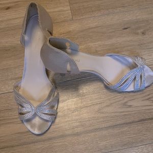 Champagne Satin Peep Toe Heels with Crystal Accents